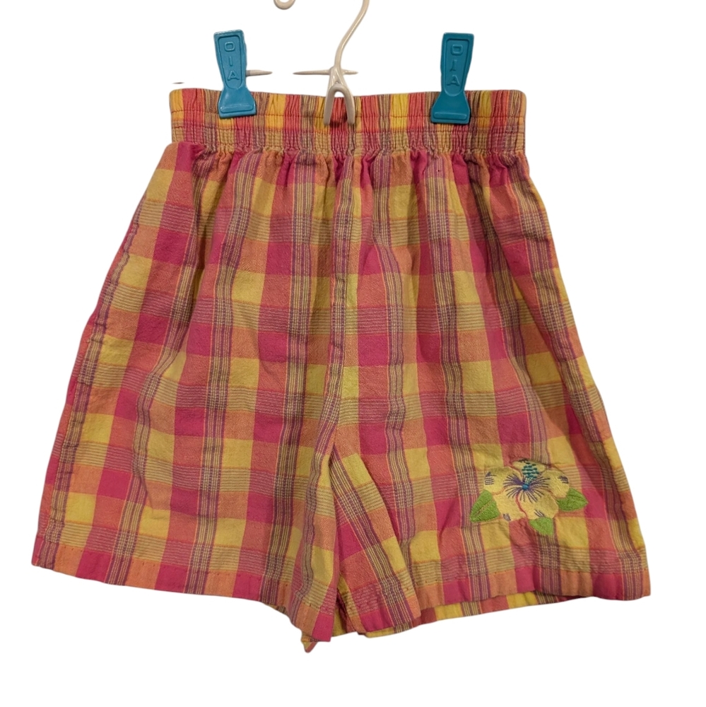 90s Vintage Hawaiian Floral Embroidered Plaid Kids Shorts‎ Size Small